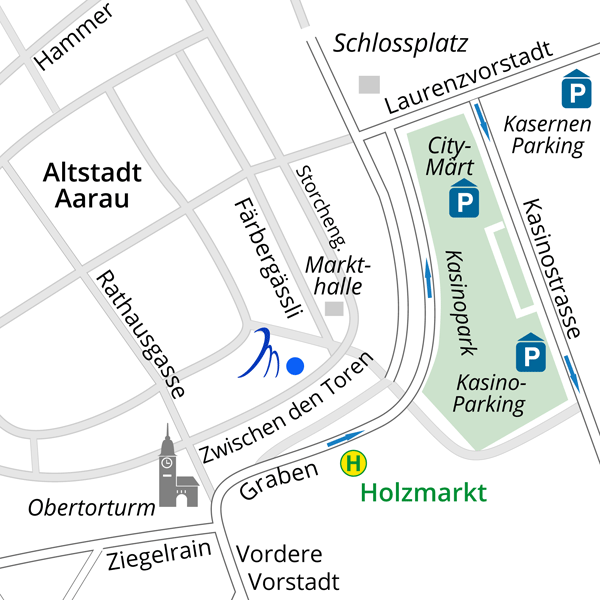 Ausschnitt Anfahrtskarte Zahnarztpraxis Dr. Dere, Aarau. Grafik © Hackenberg - www.lichtbild.org